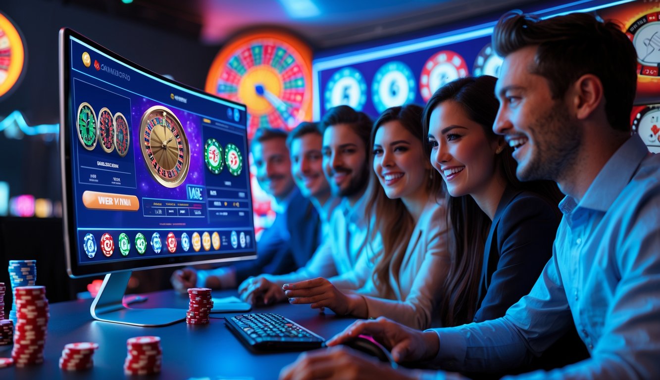 Orang-orang menonton permainan kasino online secara langsung di layar komputer dengan antusias.
