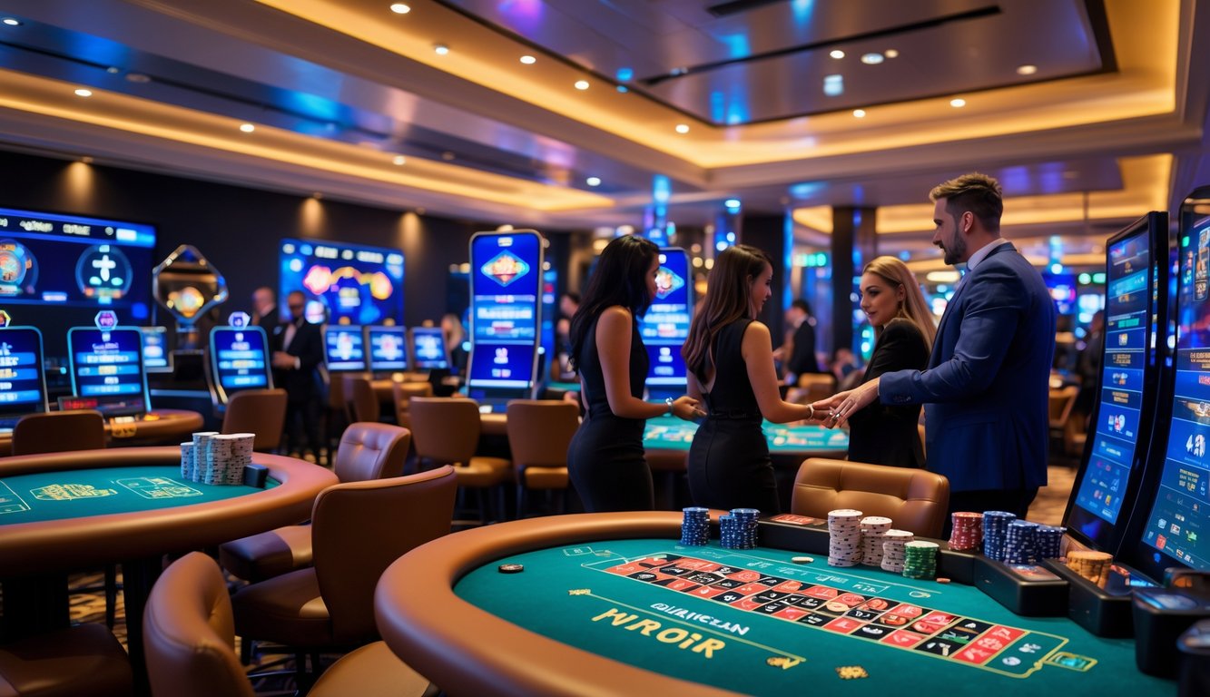 Suasana kasino online langsung dengan pemain yang sedang bermain berbagai permainan meja populer seperti blackjack, roulette, dan poker.