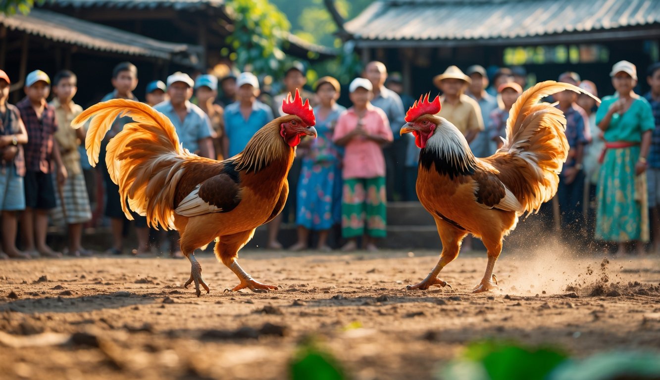 Dua ayam jantan sedang bertarung di arena terbuka dengan penonton yang antusias mengelilingi mereka.