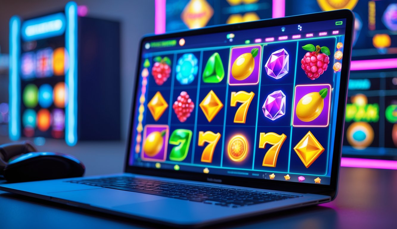 Sebuah layar komputer menampilkan permainan slot online dengan ikon-ikon warna-warni di lingkungan gaming yang modern dan terang.
