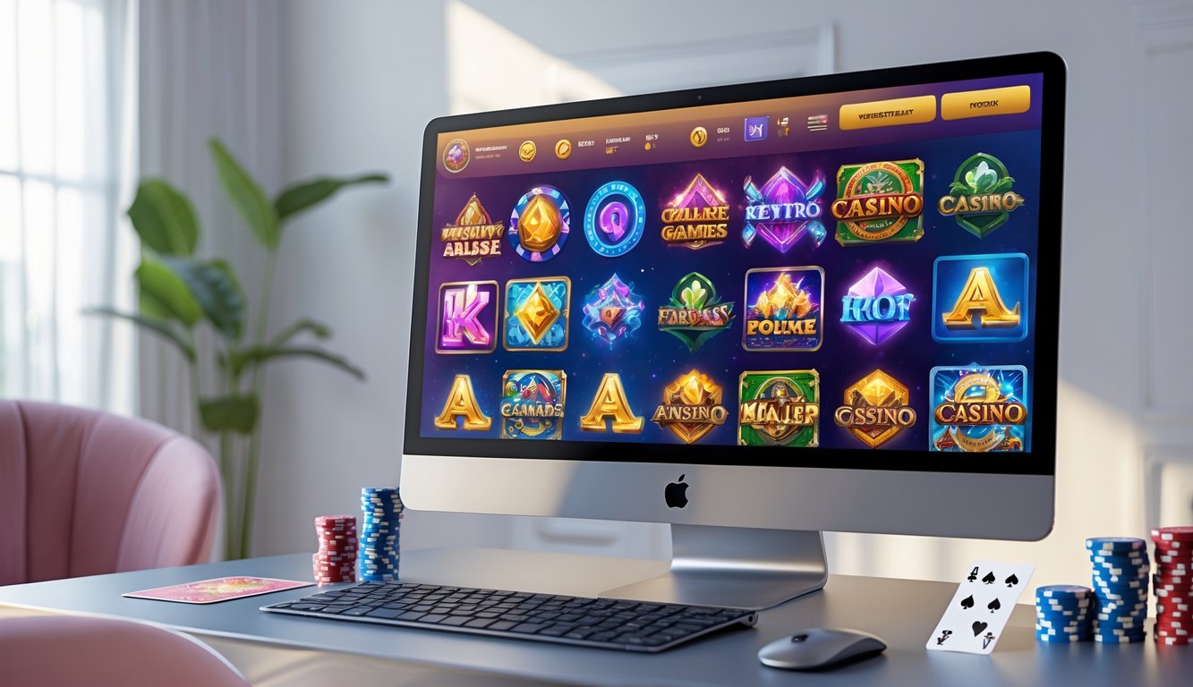 Layar komputer menampilkan berbagai tema permainan slot online yang berwarna-warni di ruang kerja modern yang rapi dan terang.