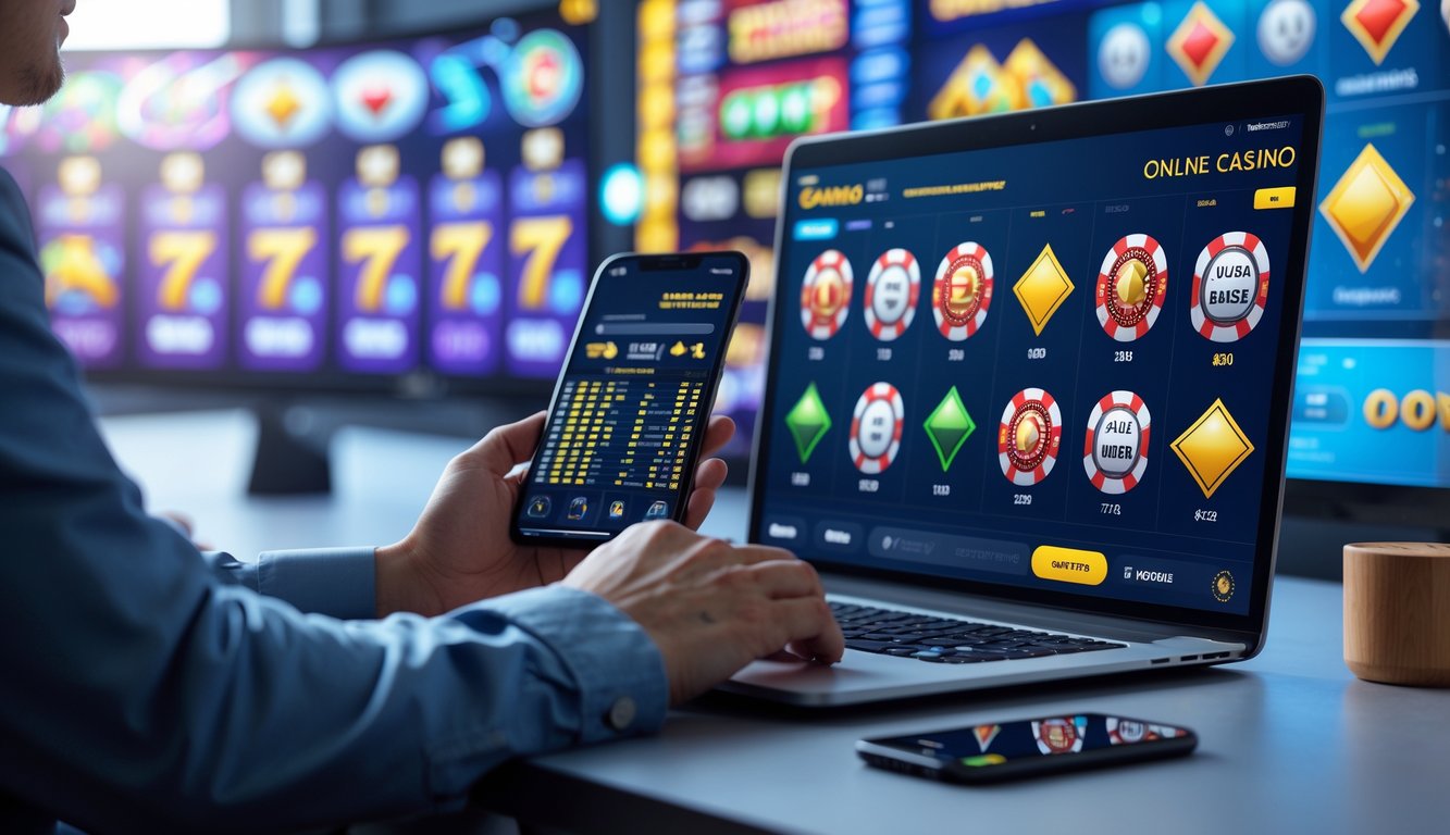 Seseorang menggunakan laptop dan ponsel untuk bermain berbagai permainan judi online di lingkungan yang modern dan terpercaya.