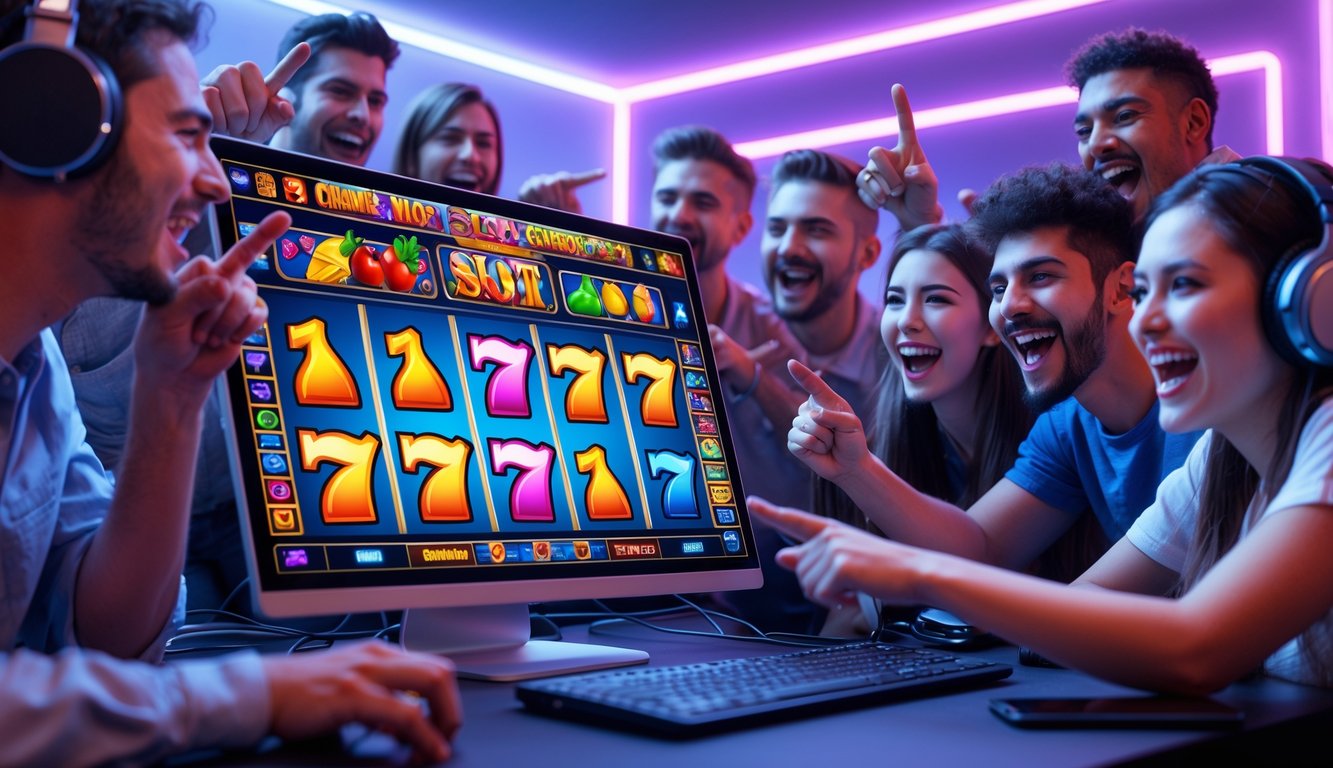 Sekelompok orang muda yang antusias bermain permainan slot online secara real-time di depan komputer dengan layar menampilkan gulungan mesin slot berwarna-warni.