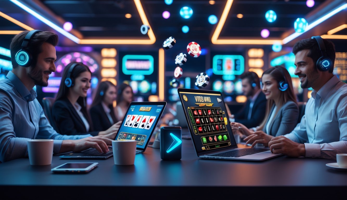 Orang-orang menggunakan perangkat digital untuk bermain permainan judi online dengan latar belakang teknologi modern dan lampu neon.