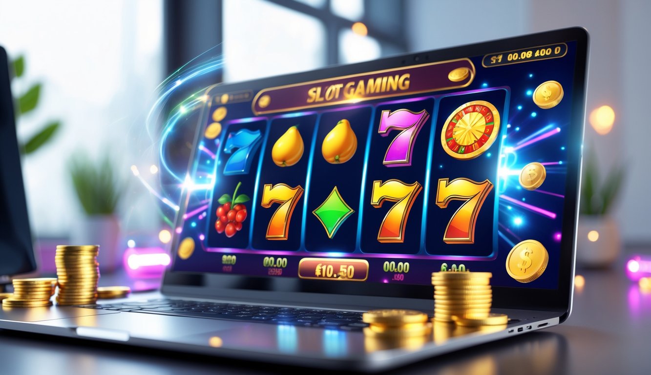 Seseorang bermain permainan slot online di komputer dengan grafis permainan yang berwarna-warni dan suasana yang nyaman.