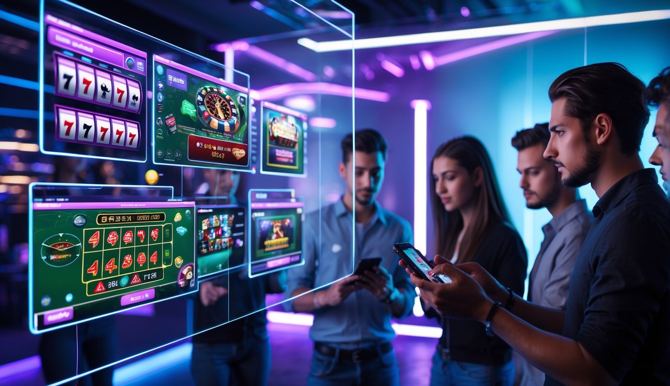 Beberapa orang muda menggunakan perangkat digital untuk bermain permainan judi online secara real-time di lingkungan modern dengan layar transparan dan pencahayaan neon.