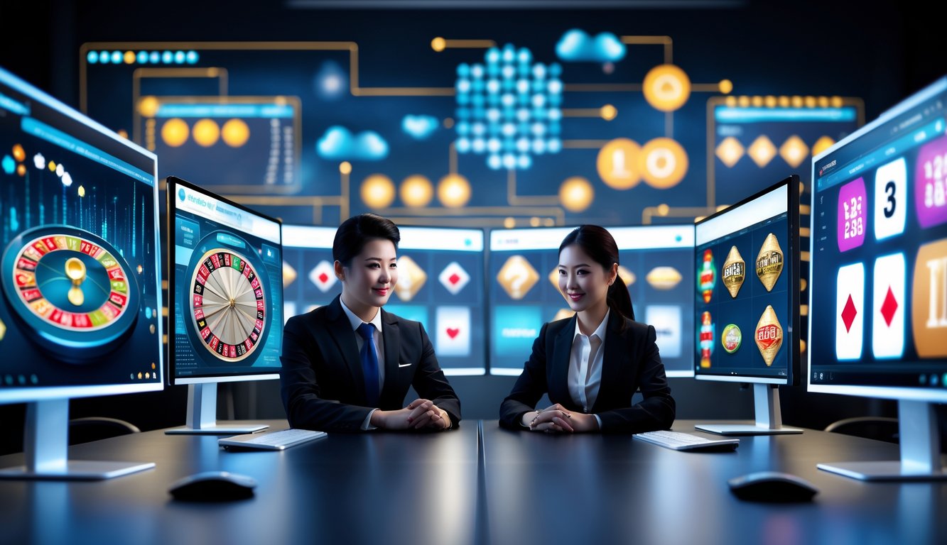 Dua profesional sedang bekerja di depan komputer dengan tampilan permainan judi online di layar dalam suasana kantor modern.