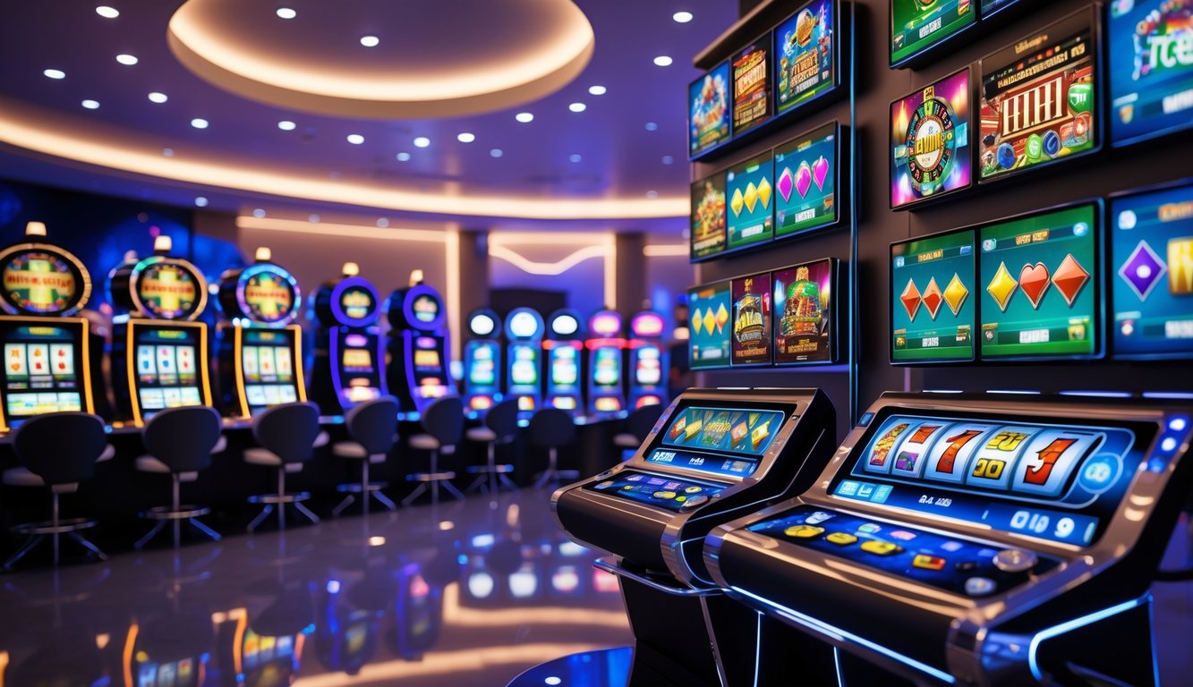 Suasana arena judi online dengan berbagai permainan kasino populer yang ditampilkan di layar digital dalam ruangan modern dan mewah.