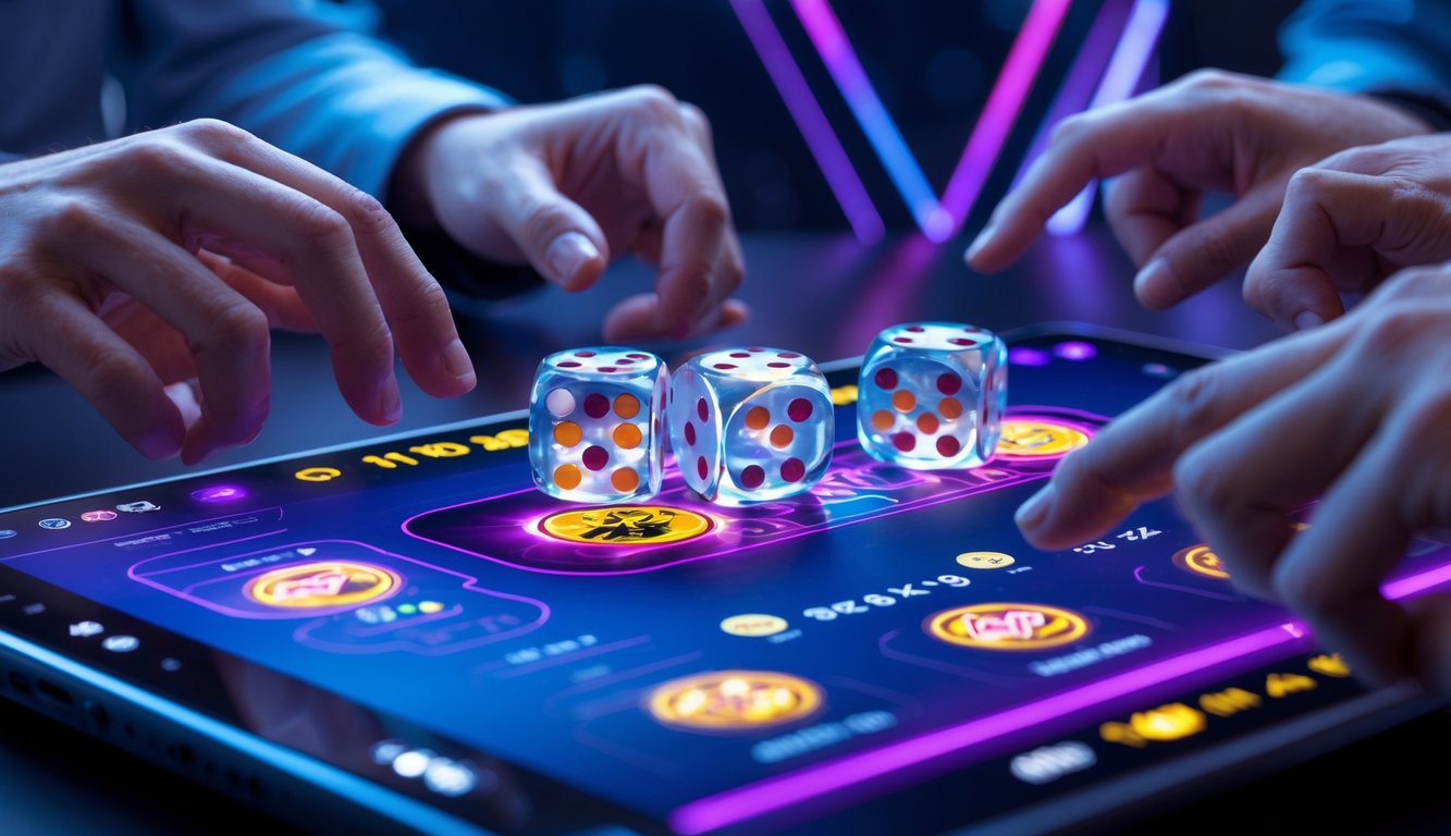 Tampilan meja permainan Sic Bo online dengan tiga dadu yang sedang dilempar secara real-time pada layar perangkat digital.