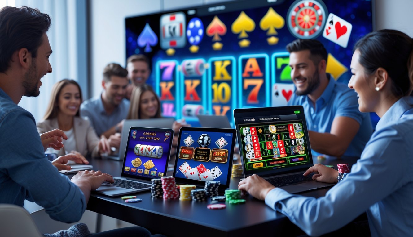 Beberapa orang bermain judi online dengan berbagai perangkat digital di ruang tamu yang nyaman.