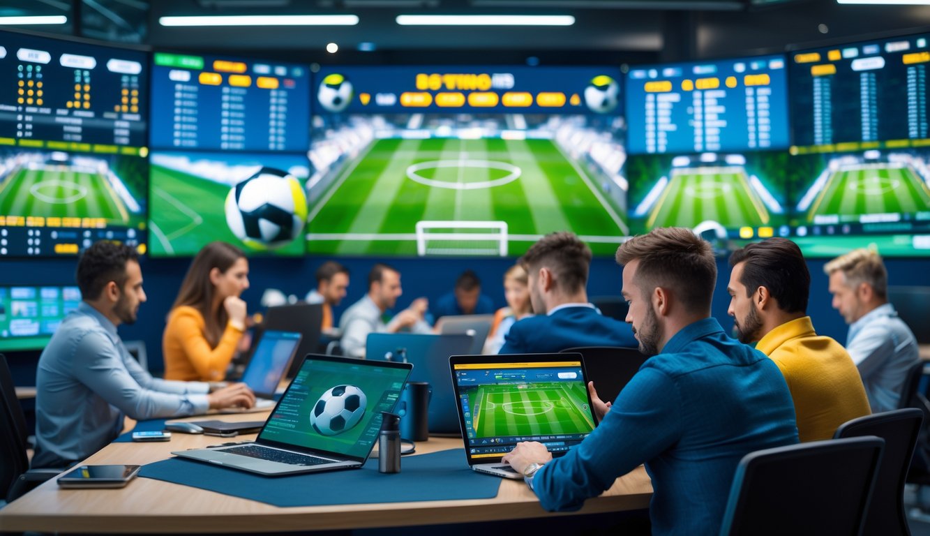 Orang-orang sedang memasang taruhan sepak bola di kantor taruhan dengan layar besar menampilkan pertandingan sepak bola langsung.