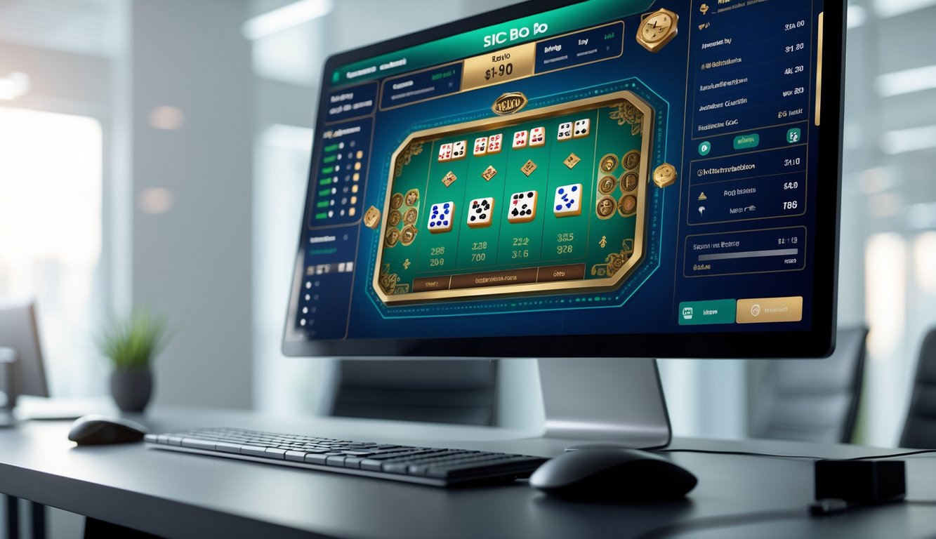 Layar komputer menampilkan permainan Sic Bo online dengan grafik dadu dan panel statistik lengkap di lingkungan kantor modern.