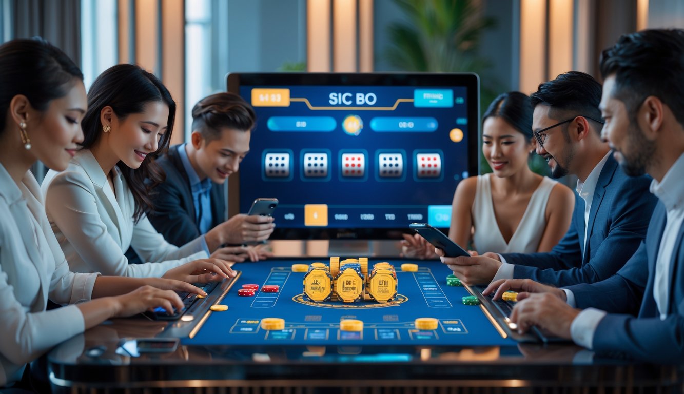 Beberapa pemain menggunakan laptop dan ponsel untuk bermain Sic Bo online di meja permainan modern dengan tampilan digital yang terang dan suasana yang profesional.