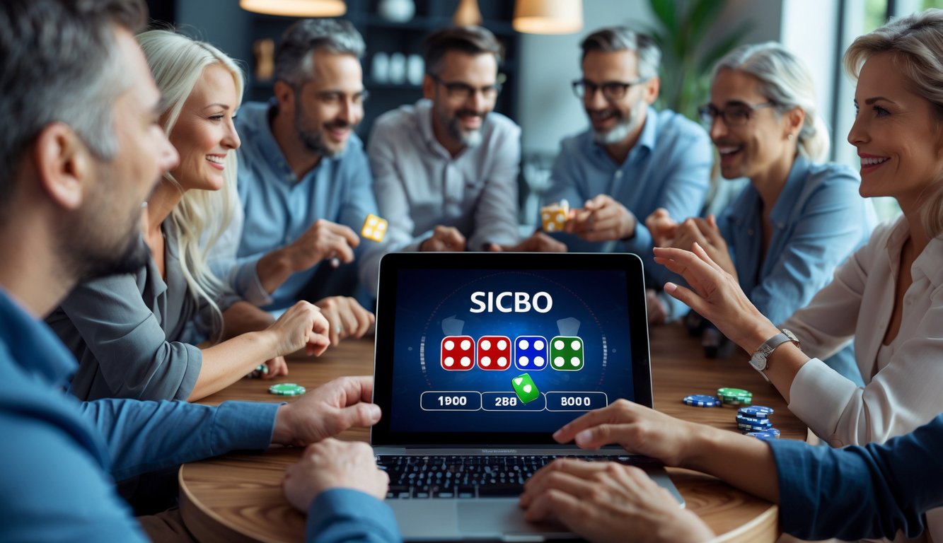 Orang-orang sedang bermain permainan judi Sicbo online dengan dadu digital di layar perangkat dalam ruangan yang nyaman.