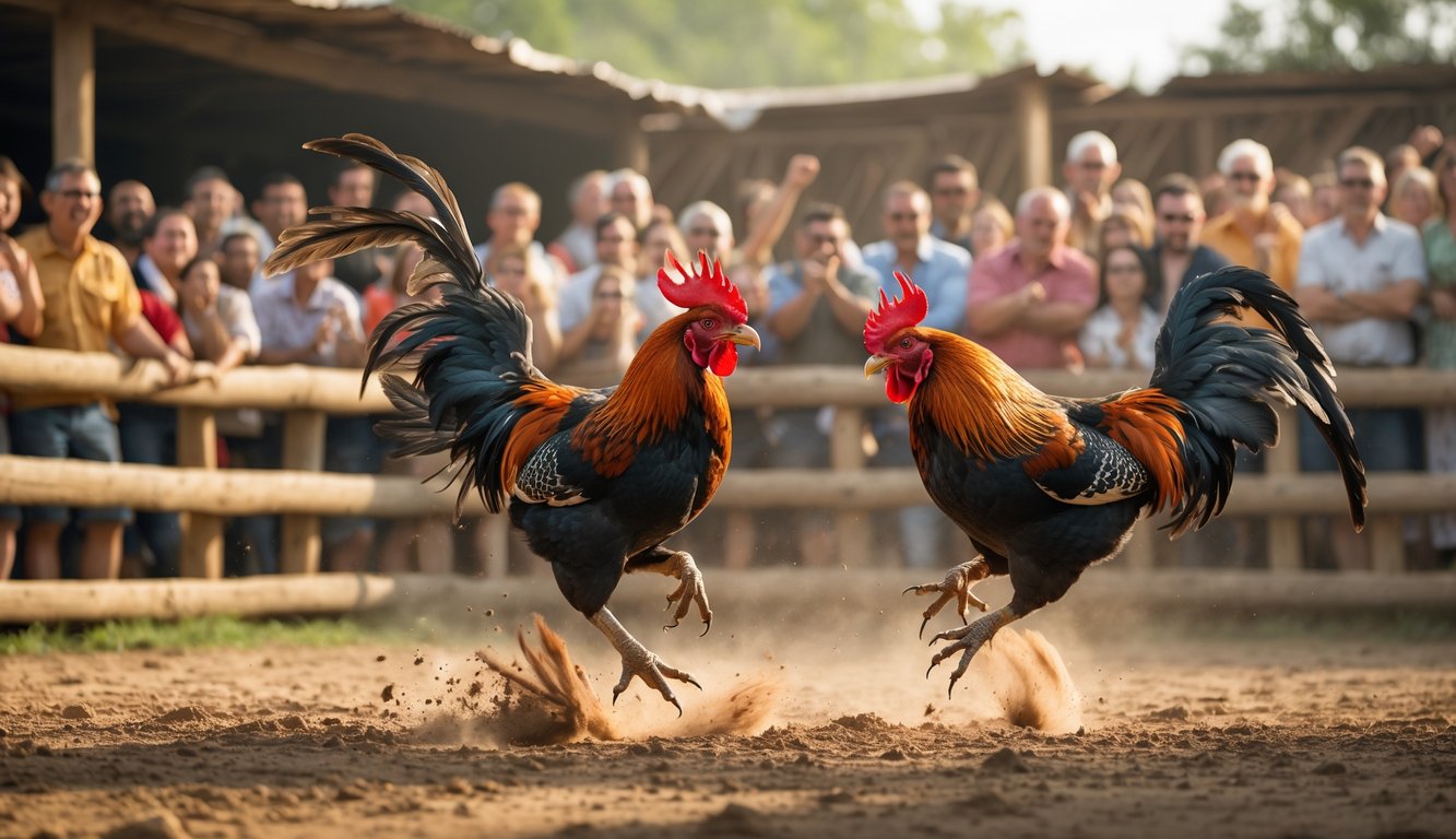 Dua ayam jago sedang bertarung di arena dengan kerumunan penonton yang antusias menyaksikan.