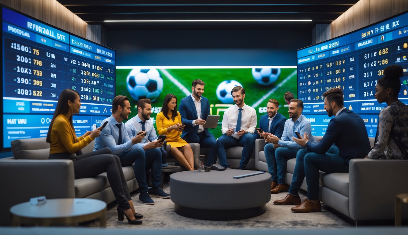Orang-orang sedang berkumpul di ruangan modern dengan layar digital besar yang menampilkan statistik dan data pertandingan sepak bola, beberapa menggunakan ponsel untuk memasang taruhan.