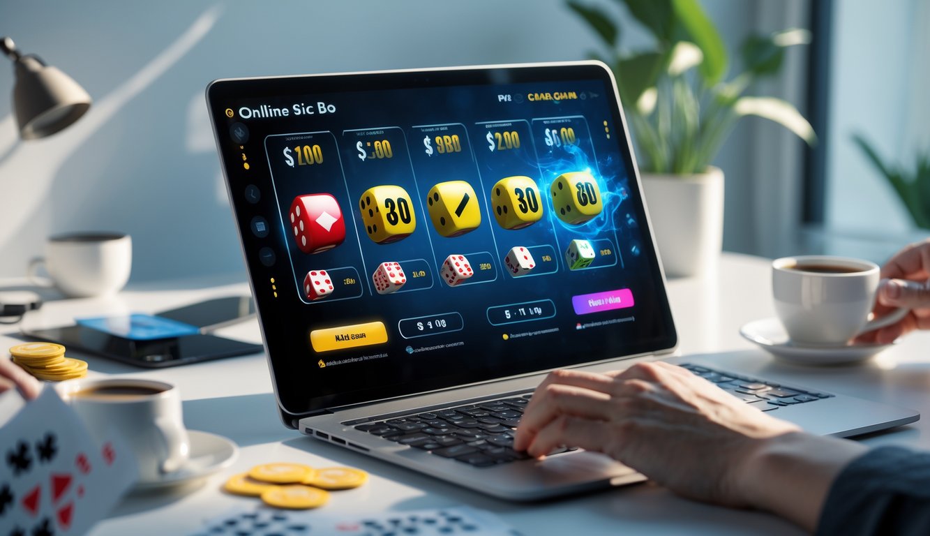 Seseorang menggunakan laptop dengan permainan Sic Bo online yang menampilkan dadu dan opsi taruhan di layar.