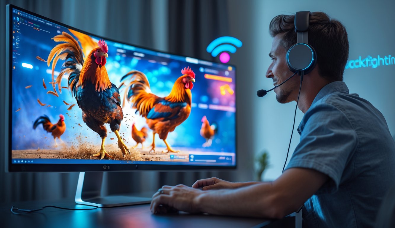 Seseorang menonton pertandingan sabung ayam online di komputer dengan ekspresi fokus dan latar belakang yang menunjukkan koneksi internet stabil.