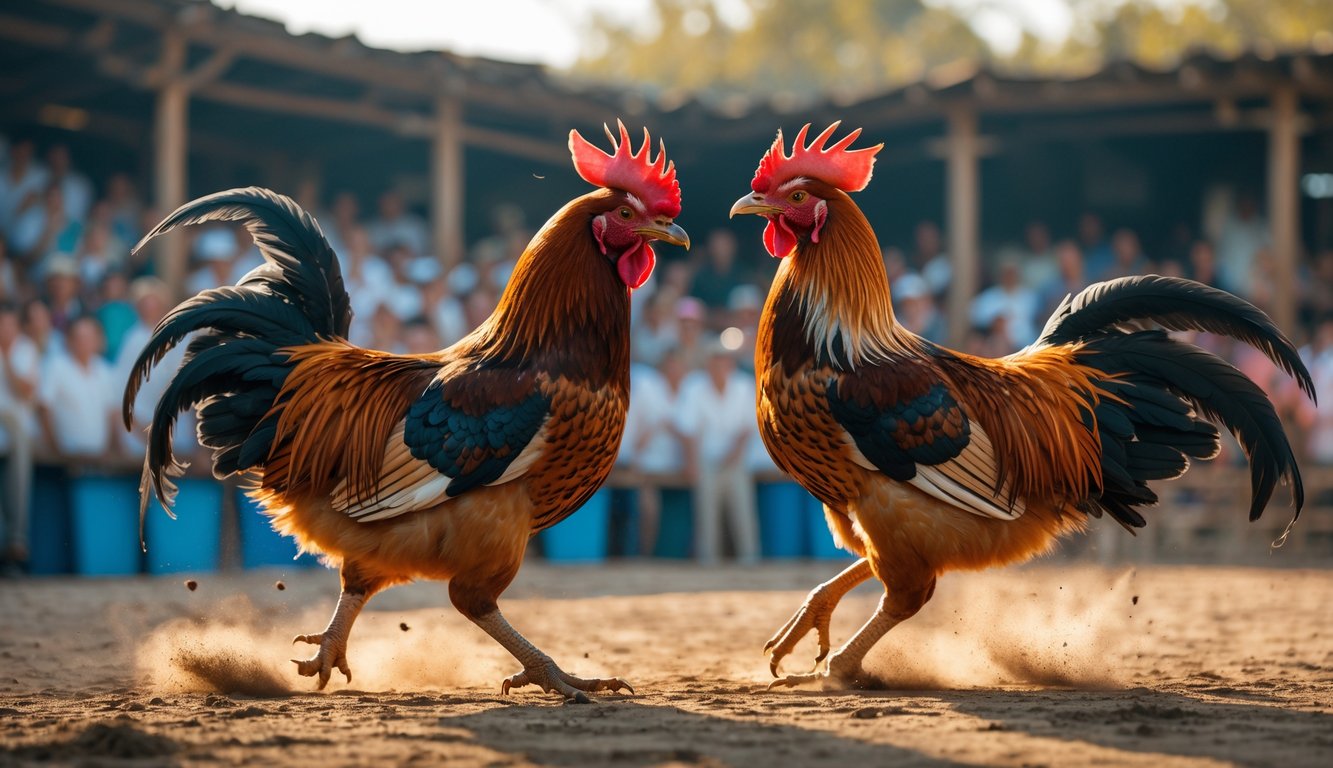 Dua ayam jago sedang bertarung di arena dengan kerumunan penonton di latar belakang.