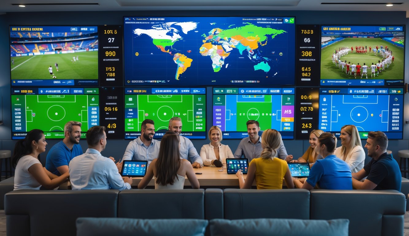 Orang-orang sedang berkumpul di ruang taruhan olahraga modern dengan layar besar yang menampilkan statistik pertandingan sepak bola dan peluang taruhan secara langsung.