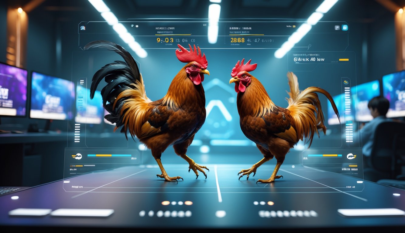 Adegan pertarungan ayam jago online dengan dua ayam sedang bertarung dan tampilan statistik pertarungan di layar komputer.
