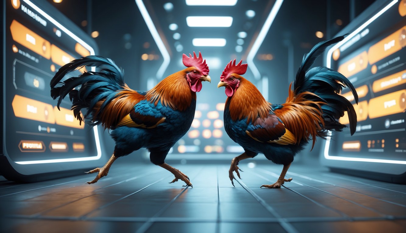 Dua ayam jago sedang bertarung dengan latar belakang layar digital yang menampilkan pilihan arena tarung.
