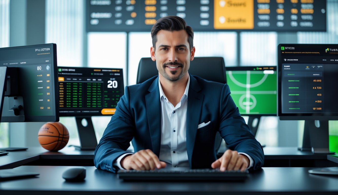 Seorang pria percaya diri duduk di meja kantor modern dengan beberapa layar komputer yang menampilkan statistik dan peluang taruhan olahraga.