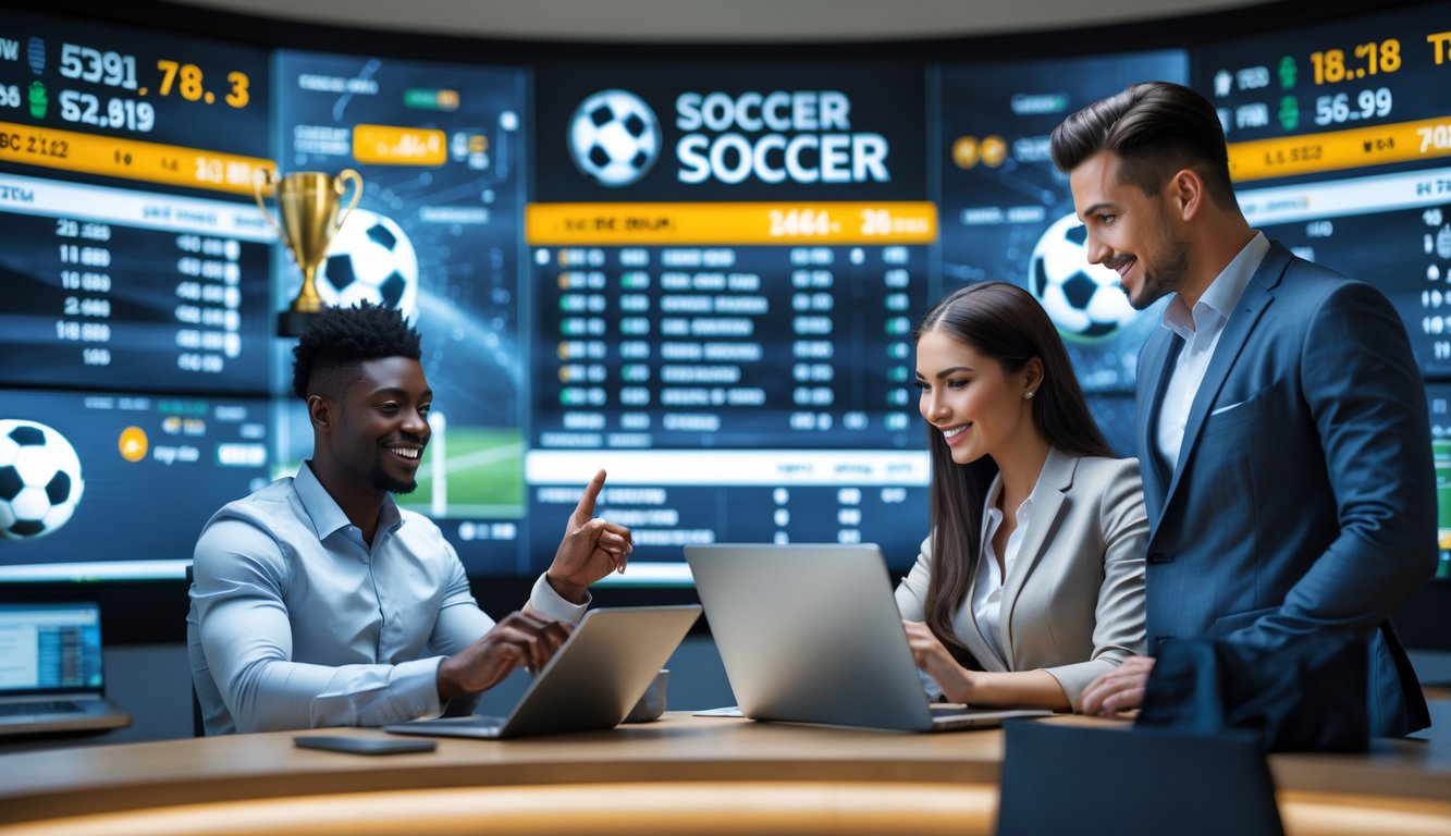 Dua orang muda sedang melihat data pertandingan sepak bola di tablet dan laptop dalam ruangan modern dengan layar besar menampilkan skor dan statistik sepak bola.