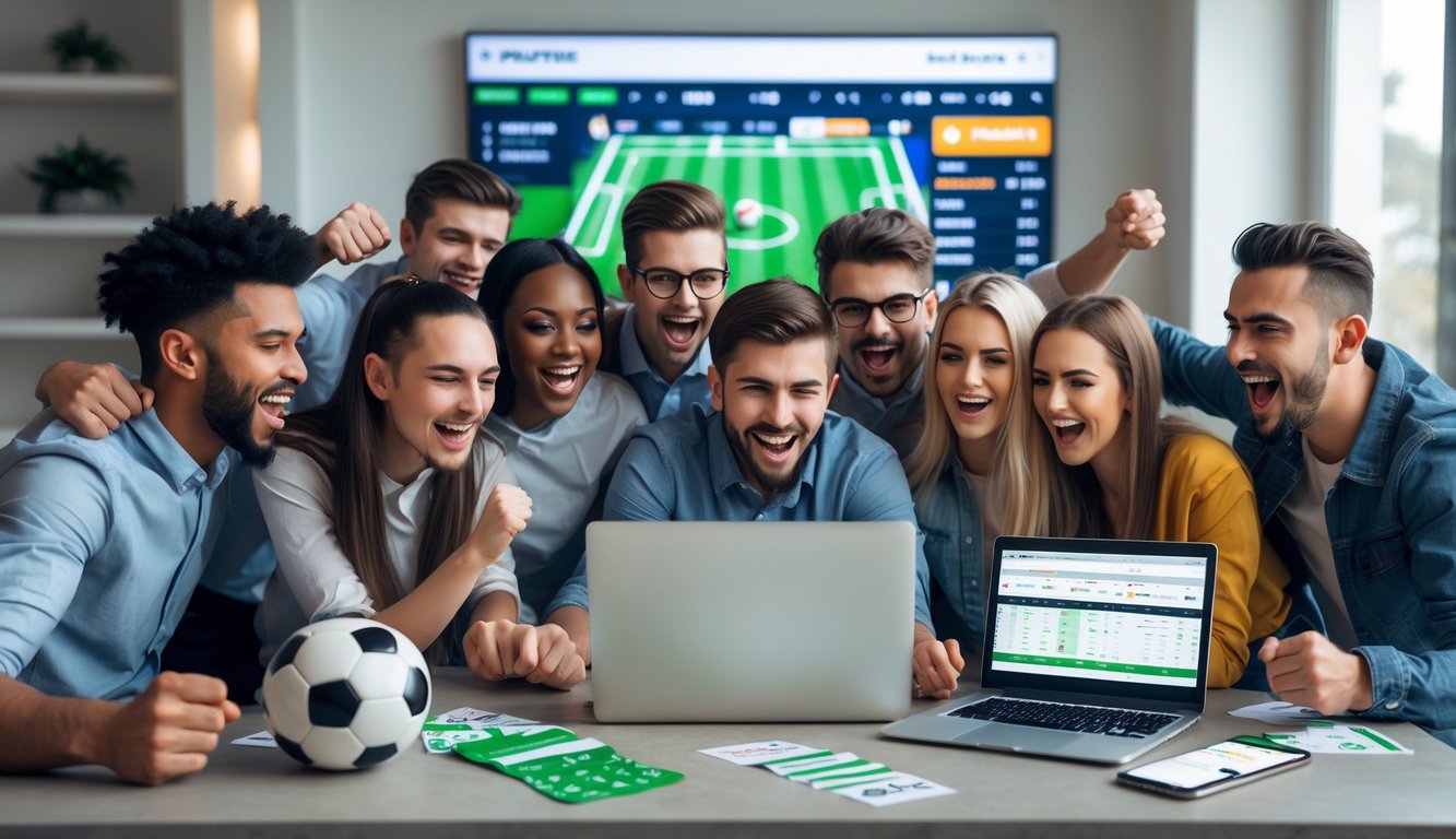 Sekelompok orang muda sedang menikmati pertandingan sepak bola secara online dengan laptop dan ponsel di meja, menunjukkan kegembiraan dan kerjasama.