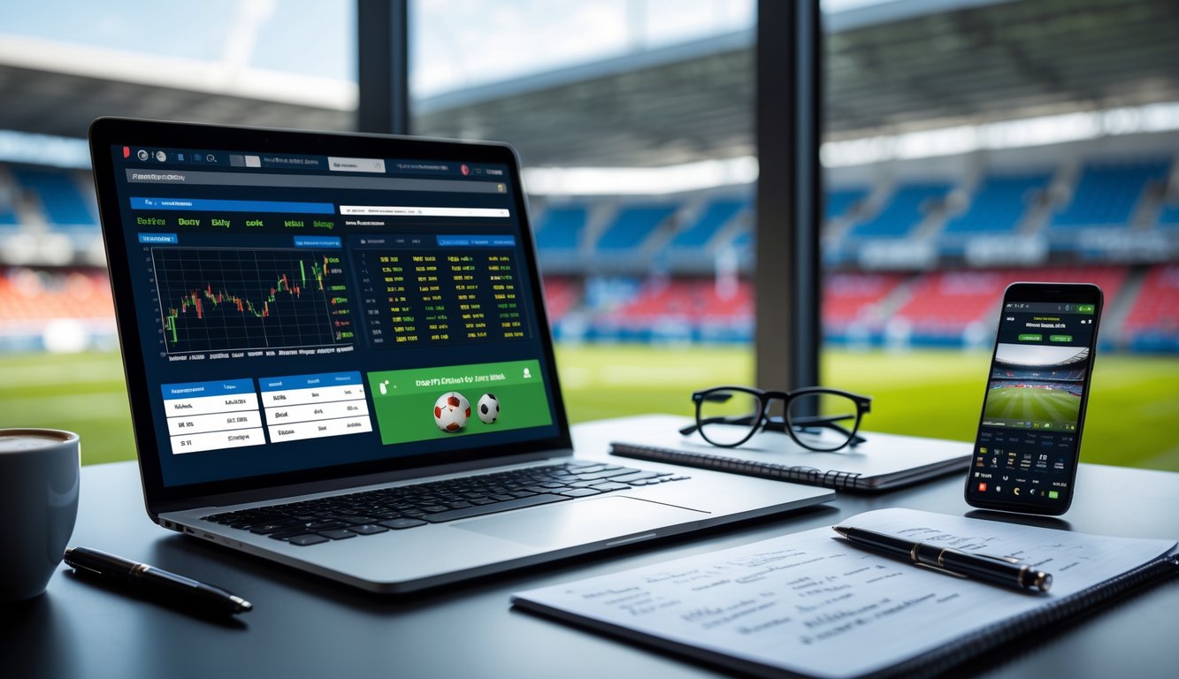 Meja kerja dengan laptop, ponsel, dan catatan yang menunjukkan aktivitas taruhan bola, dengan stadion sepak bola terlihat di latar belakang.