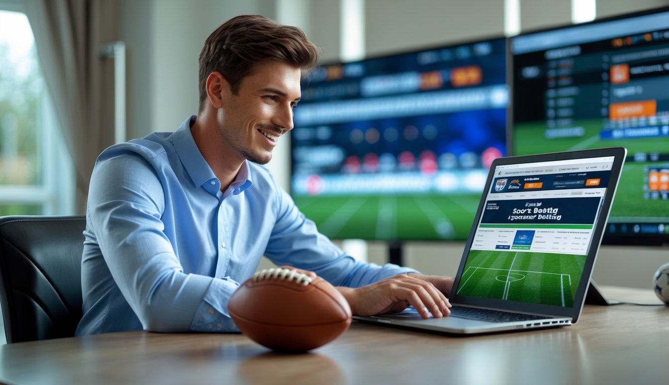 Seorang pria muda duduk di meja dengan laptop, fokus pada layar yang menampilkan situs taruhan sepak bola, dengan bola sepak di meja dan pertandingan sepak bola di layar latar belakang.
