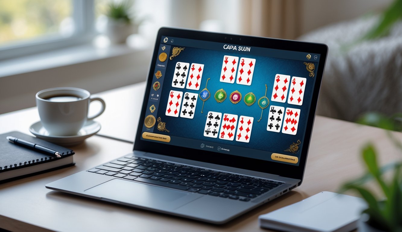 Seorang pengguna bermain Capsa Susun secara online di laptop di meja kerja dengan suasana nyaman.