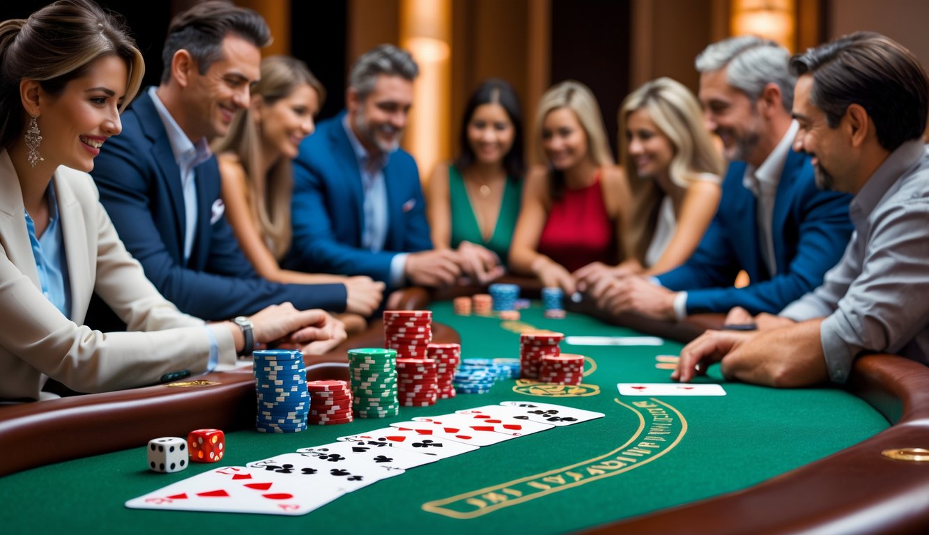 Meja judi dengan kartu remi, chip poker, dan dadu di kasino yang elegan dengan orang-orang bermain di latar belakang.