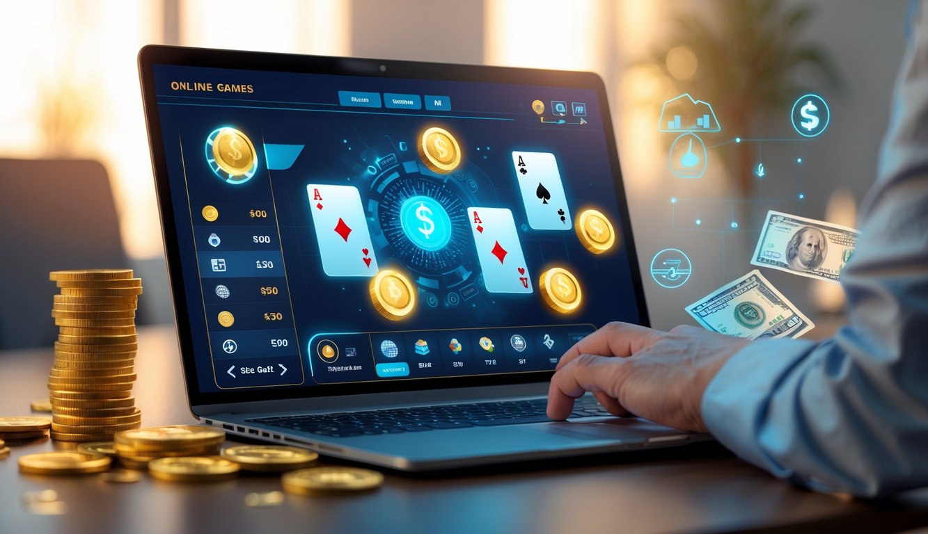 Seorang pria menggunakan laptop dengan tampilan permainan kartu digital dan simbol uang di layar dalam ruangan yang terang.