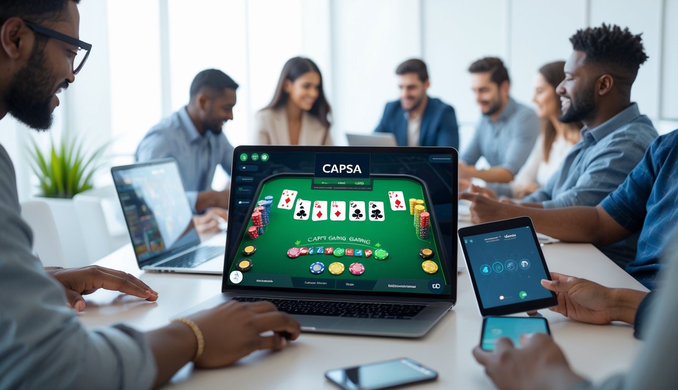 Orang-orang sedang bermain permainan Capsa online menggunakan perangkat digital di meja permainan virtual.