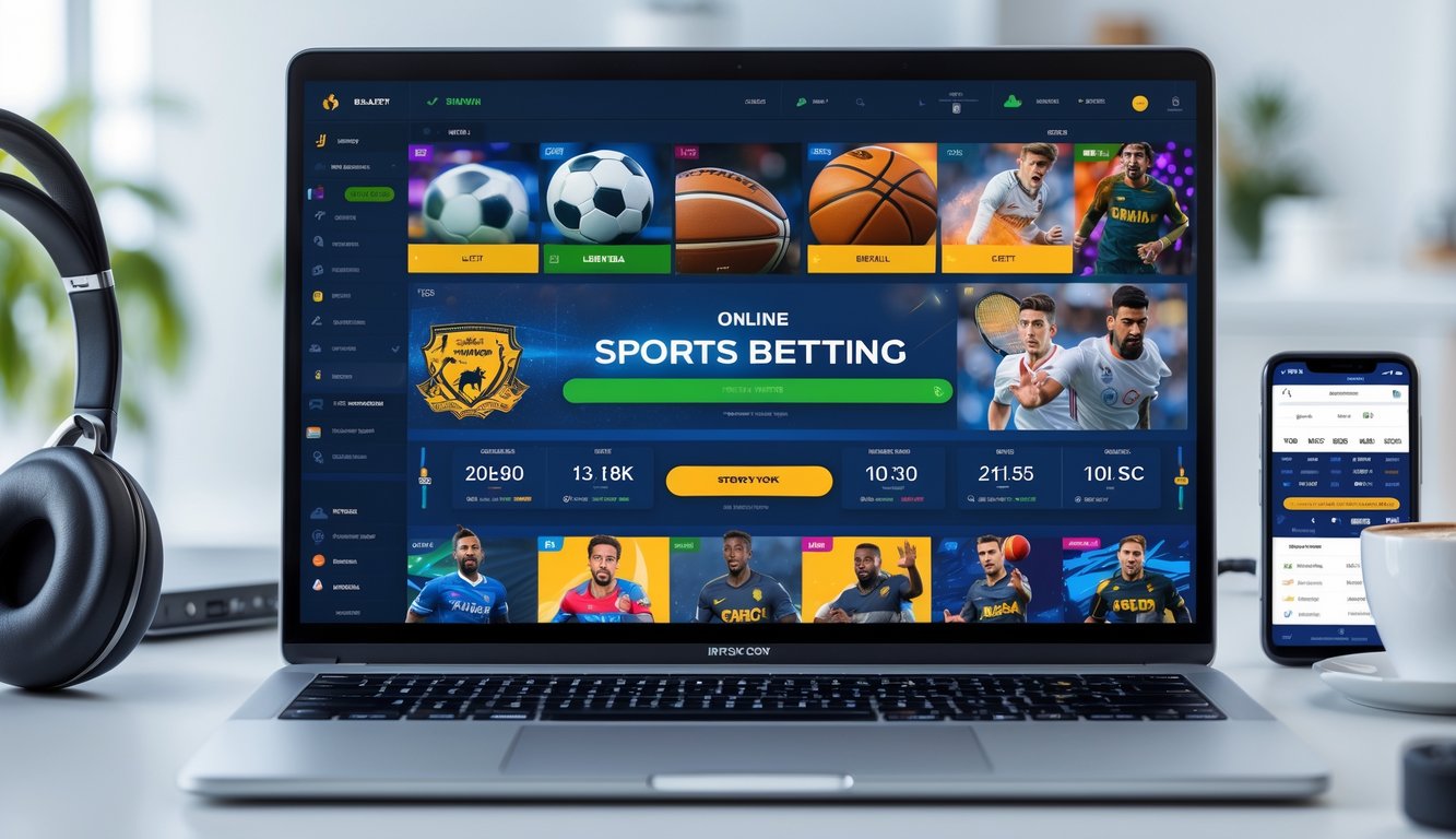 Antarmuka taruhan olahraga online di layar laptop dengan berbagai olahraga seperti sepak bola, bola basket, dan tenis di sekitar meja kerja.
