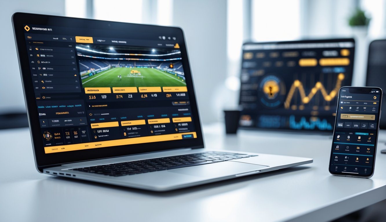 Seorang pengguna melihat layar laptop dan ponsel yang menampilkan pembaruan pertandingan olahraga secara langsung di lingkungan kerja modern.