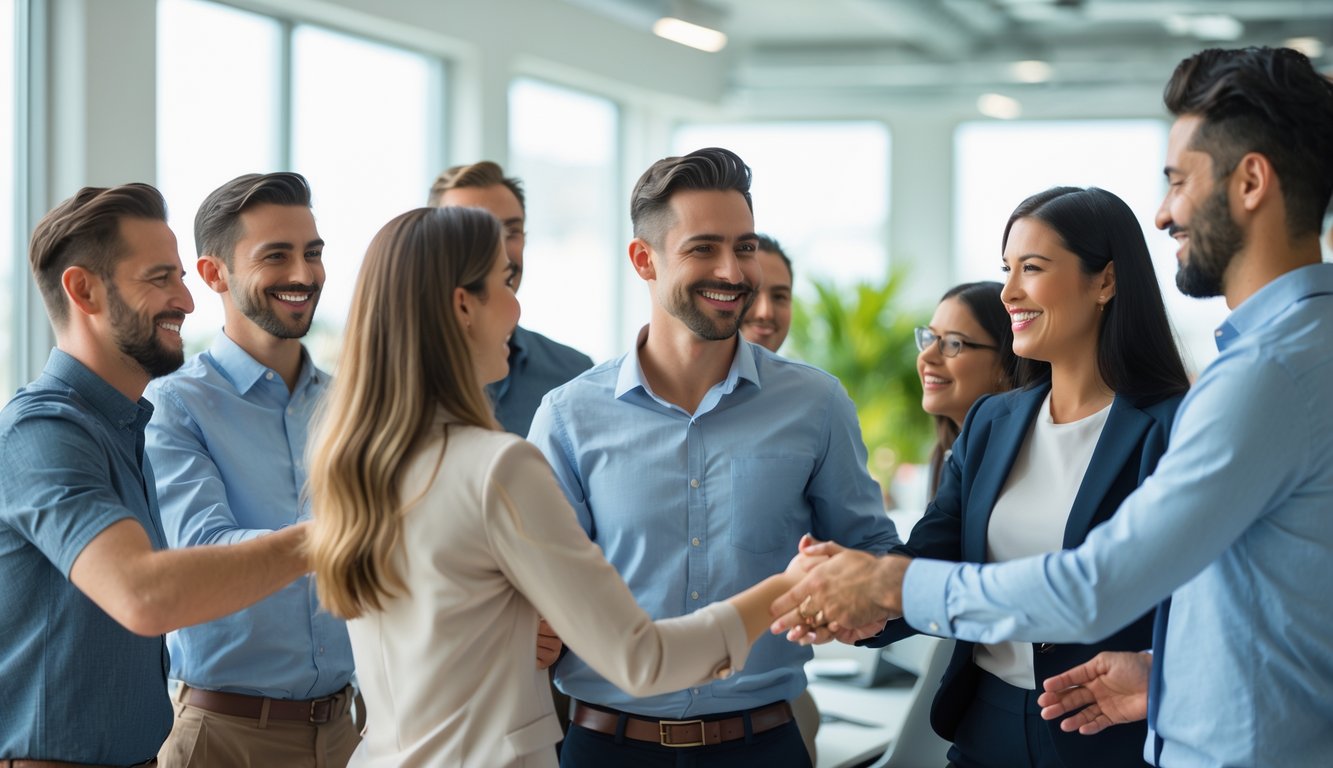 Sekelompok orang tersenyum di kantor modern sambil menyambut anggota baru dengan ramah.