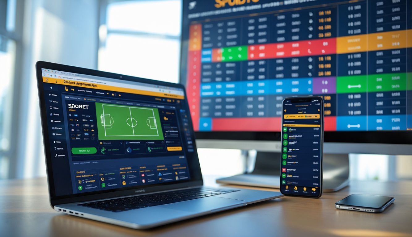 Seorang pengguna di meja kerja dengan laptop dan ponsel menampilkan antarmuka taruhan olahraga online dan jadwal pertandingan lengkap di layar besar di belakangnya.