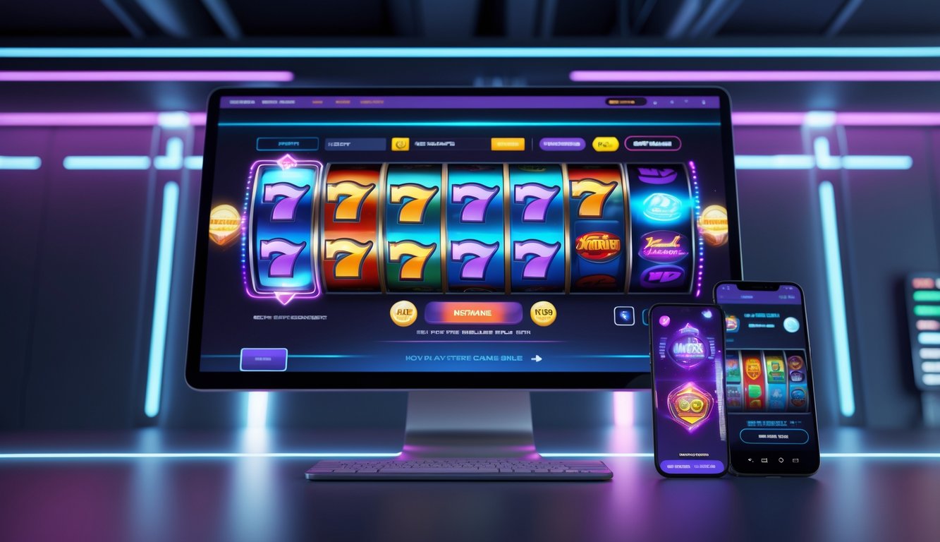 Antarmuka mesin slot online modern yang menampilkan gulungan berwarna cerah sedang berputar dengan cepat pada layar komputer dan ponsel.