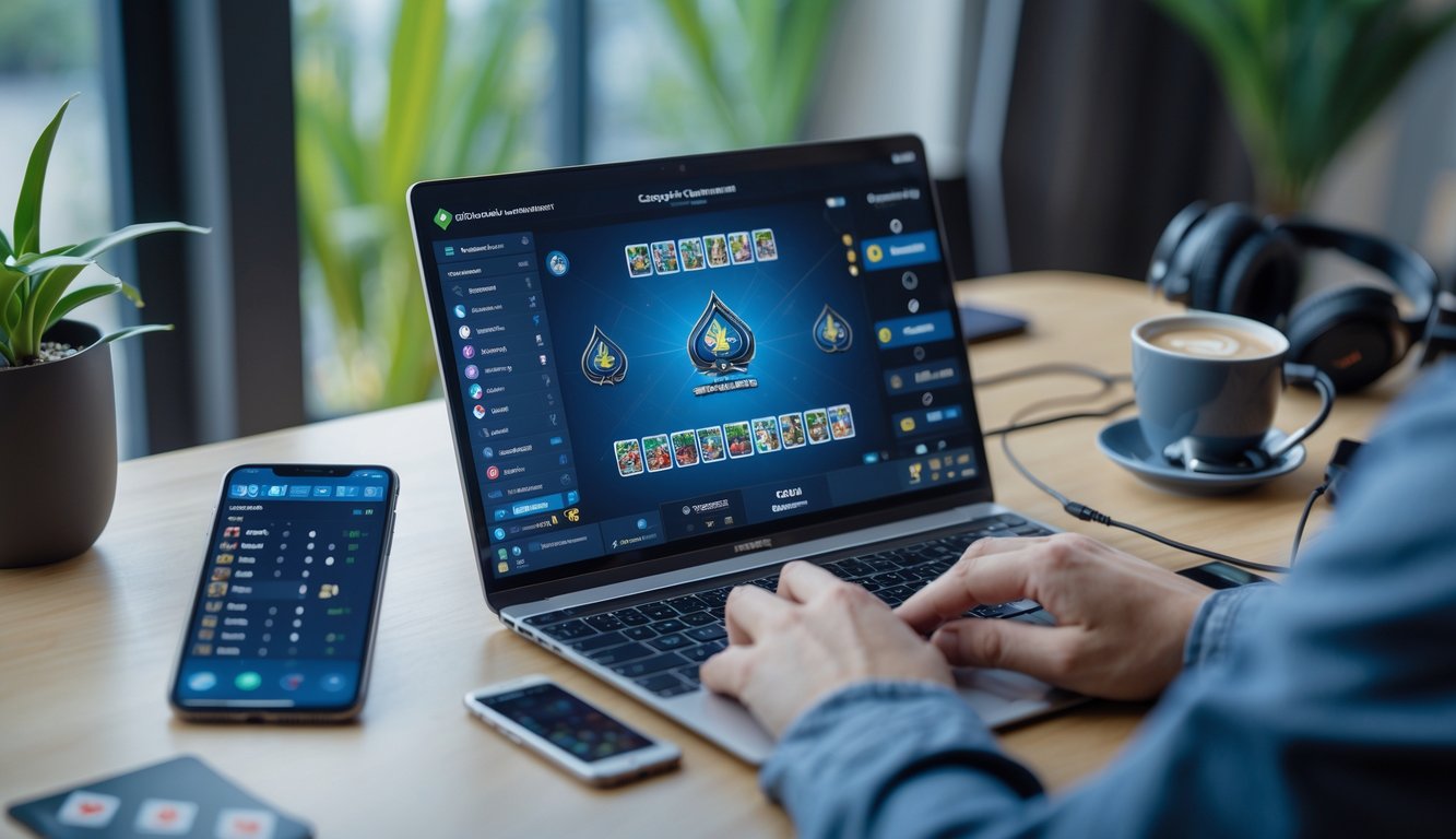 Seorang pemain sedang mengikuti turnamen Capsa online dengan laptop yang menampilkan permainan kartu digital di meja kerja yang rapi.