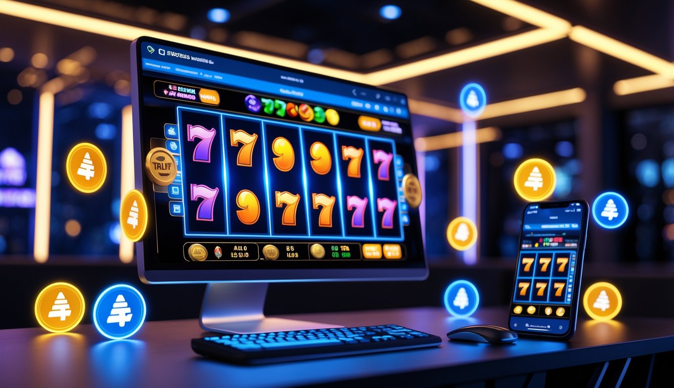 Sebuah ruang bermain slot online modern dengan layar komputer dan ponsel menampilkan mesin slot berwarna-warni serta ikon penyedia game populer mengambang di sekitarnya.