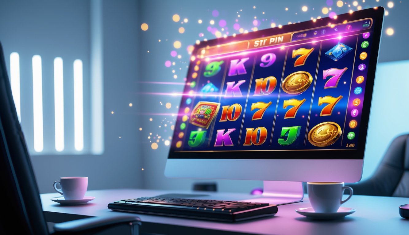 Seorang pemain sedang menggunakan komputer dengan layar menampilkan permainan slot online yang berwarna-warni di ruangan yang terang dan nyaman.