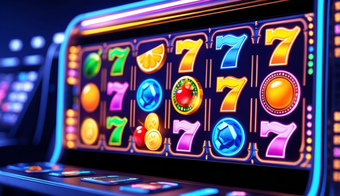 Tampilan antarmuka mesin slot online dengan grafik warna-warni yang menarik dan simbol gulungan yang berputar.