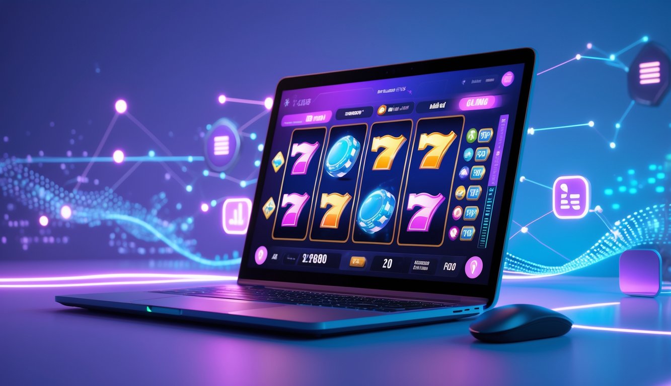 Seorang pengguna sedang bermain permainan slot online di layar komputer dengan latar belakang teknologi modern dan elemen digital yang bersinar.