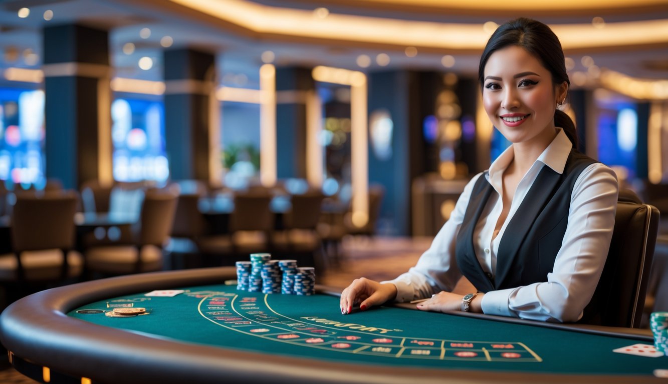 Seorang dealer kasino profesional duduk di meja permainan dengan kartu dan chip, di latar belakang suasana kasino modern.