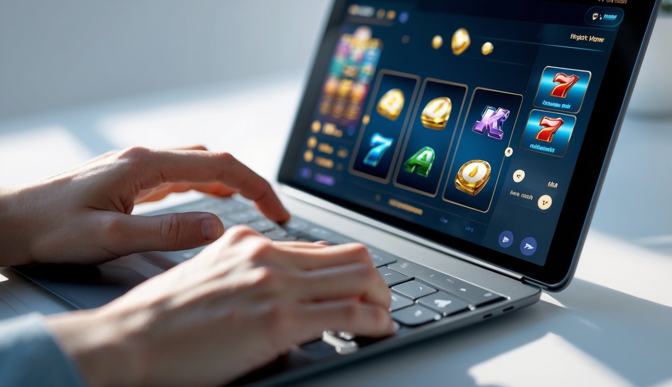 Seseorang menggunakan perangkat digital dengan antarmuka permainan slot online yang mudah dinavigasi.