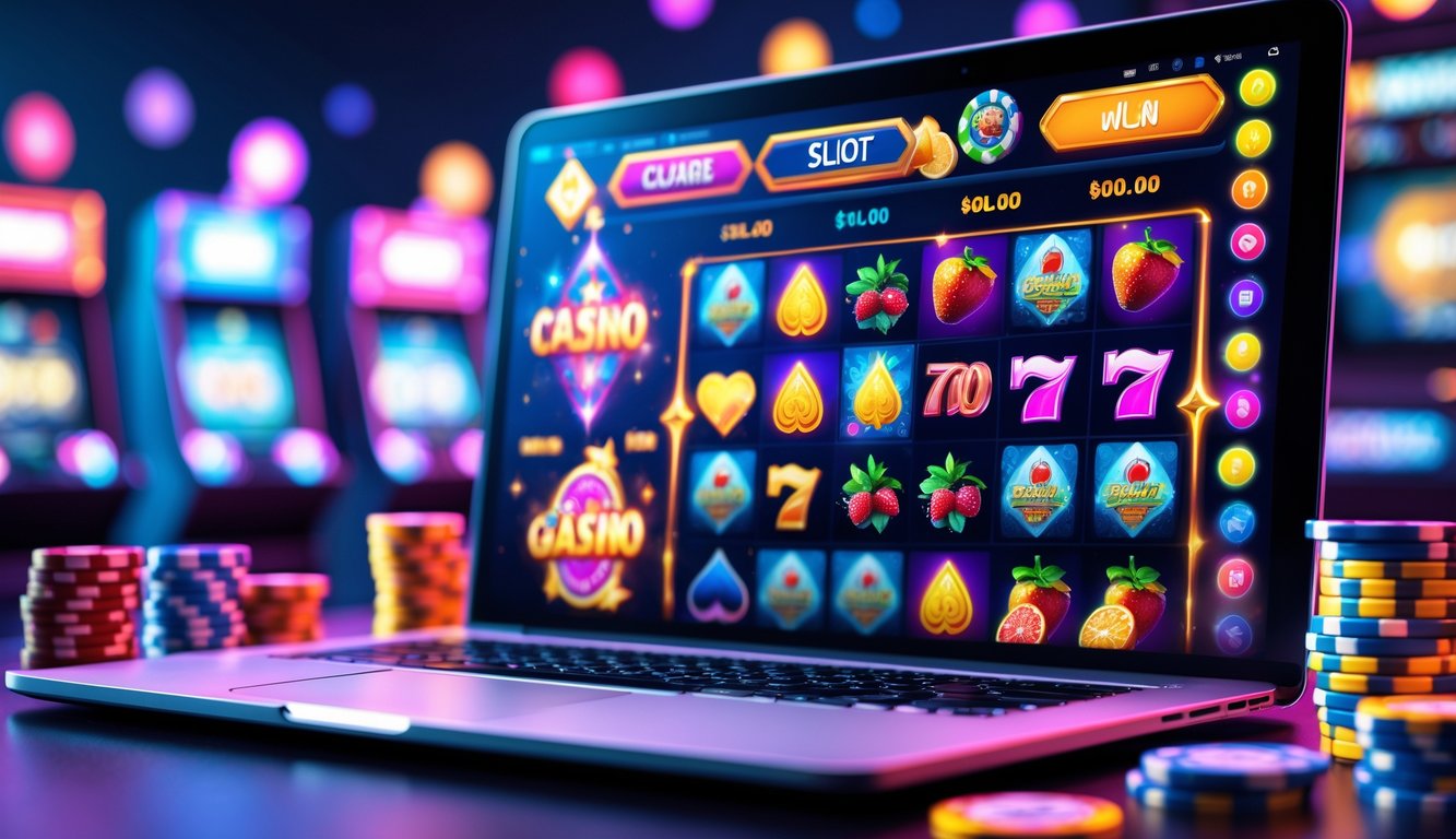 Layar komputer menampilkan berbagai tema permainan slot online yang berwarna-warni dengan elemen permainan seperti chip poker dan kartu bermain di sekitarnya.