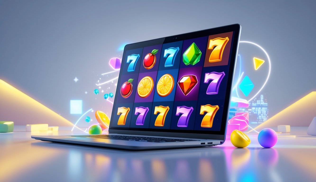 Sebuah komputer menampilkan permainan slot online dengan grafik warna-warni dan simbol kreatif, dikelilingi cahaya dan efek digital yang menunjukkan suasana hiburan.