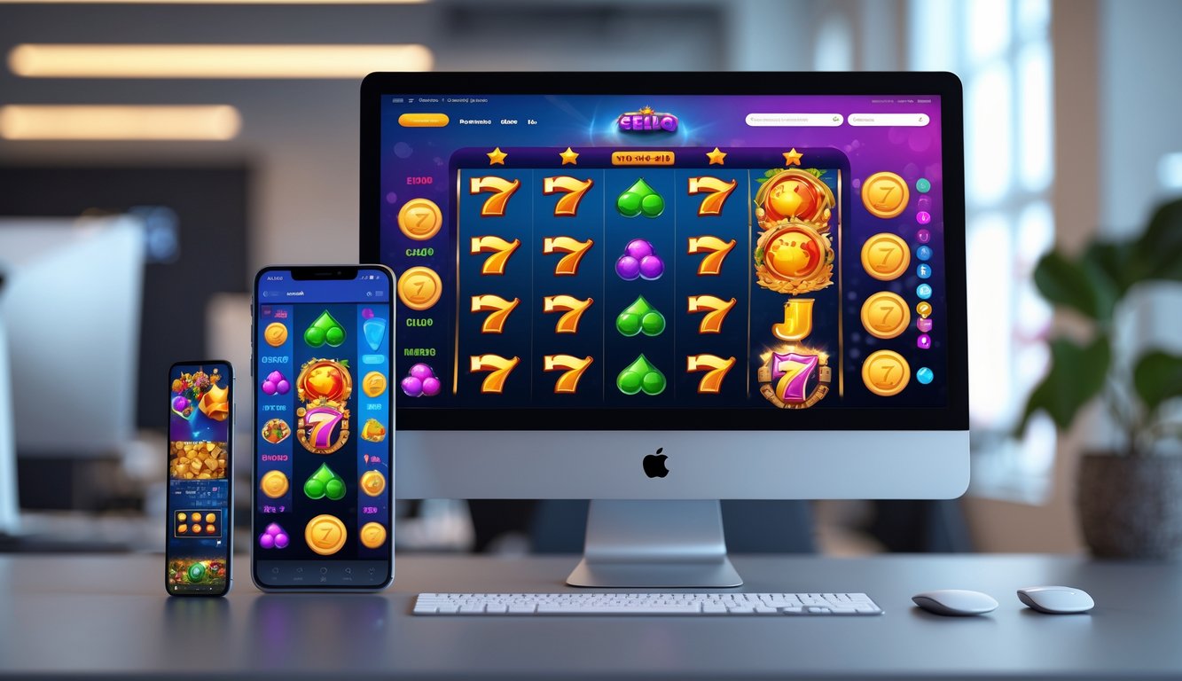 Tampilan antarmuka mesin slot online modern di komputer dan ponsel dengan latar belakang kantor minimalis.